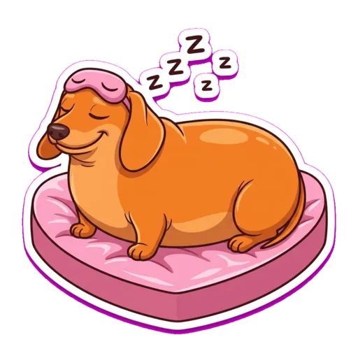 The dachshund mascot asleep on a heart-shaped bed, wearing a sleep mask