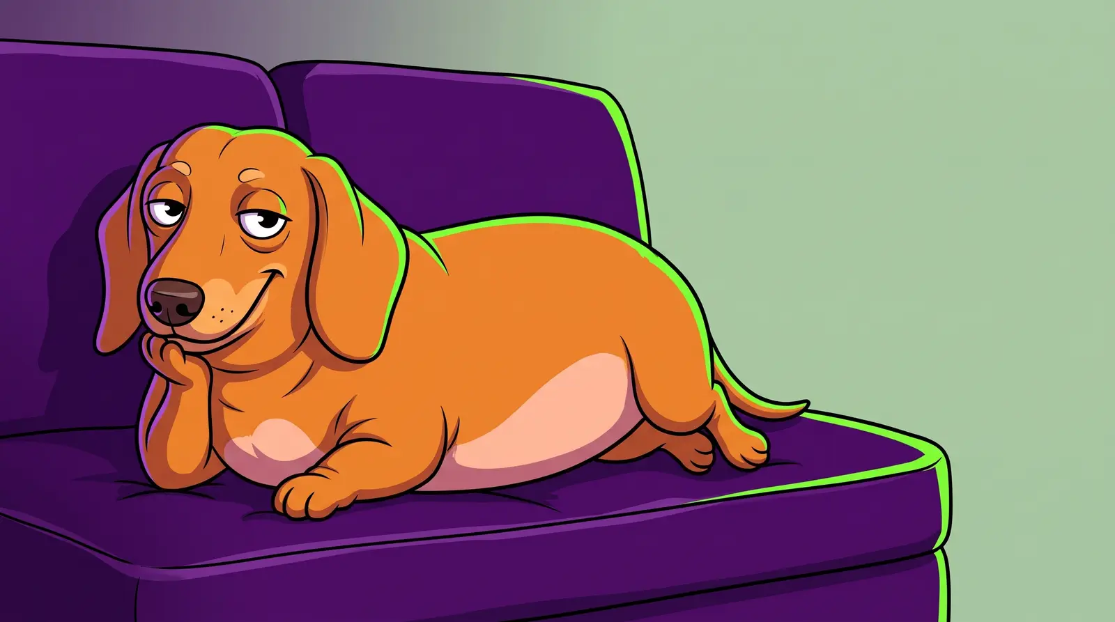 The chubby ginger dachshund mascot lounging on a purple sofa