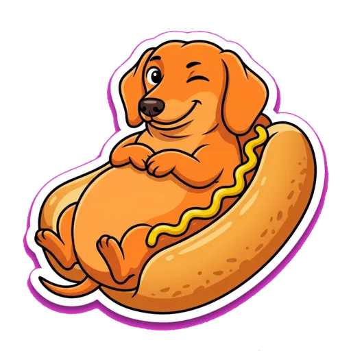 The dachshund mascot lounging in a hot dog bun